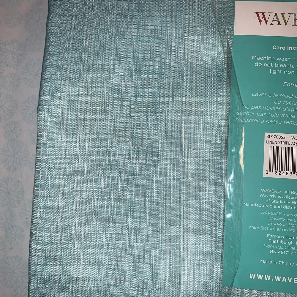 Waverly Linen Stripe Aqua Blue Green Shower Curtain